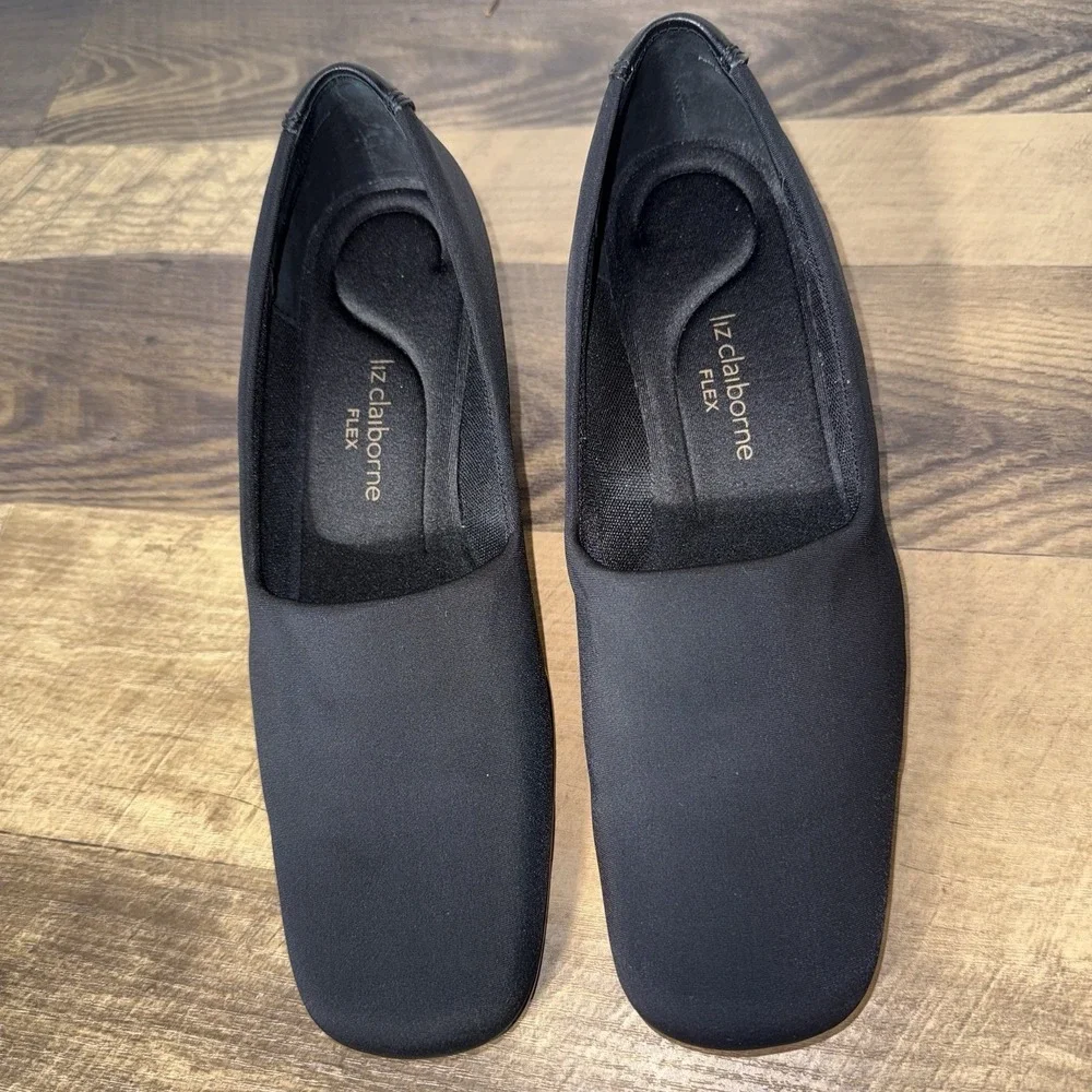 Liz Claiborne Flex Black Wedge Heel Square Toe Cushioned Comfort Womens 8.5M✅des